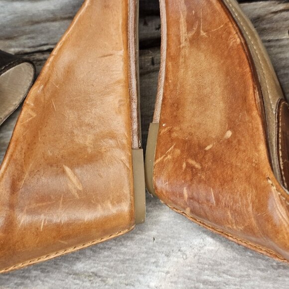 Frye Carol Seam Bronze Leather Open Toe Wedge Sandals Cognac Tan Size 7 - Picture 9 of 12